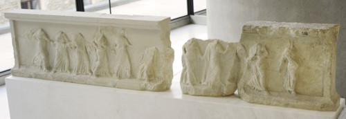 Revetement from the base of a dedication. Eleven women dancing.