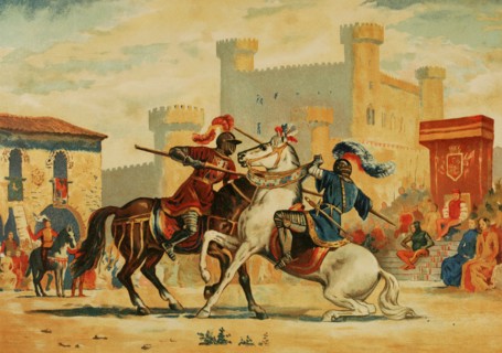 Tournament. Two contenders on horseback figthing with lances.
