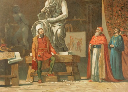 Pope Julius II visiting Michelangelo in his workshop.
