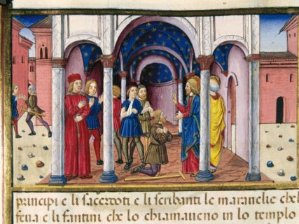 Jesus surrounded by the people of Jerusalem during the Easter, because of his prodigies.