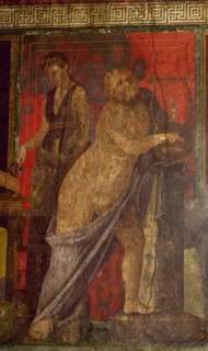 Fresco depicting a Dionysian rite. Silenus playing the lyre and a maid helping to perform the rite.
