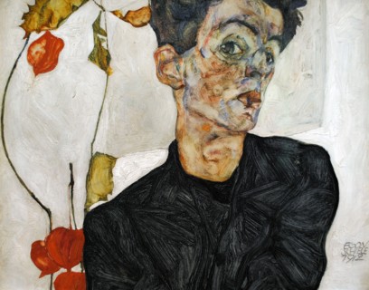 Self-portrait with Chinese Lantern Plant.