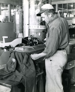 August 1943 - Prisoner at the U.S. Penitentiary at Alcatraz does War Work by repairing and dry cleaning uniforms for the Army Quartermasters Department.