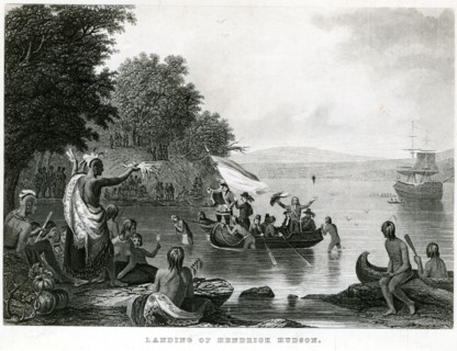 Native-Americans greet explorer Henry (Hendrick) Hudson, 1609, as depicted in a 1909 book illustration.