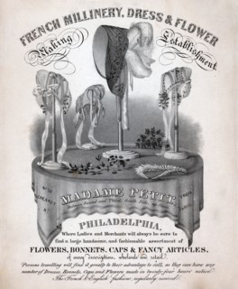 French millinery, dress & flower making establishment circa 1845.