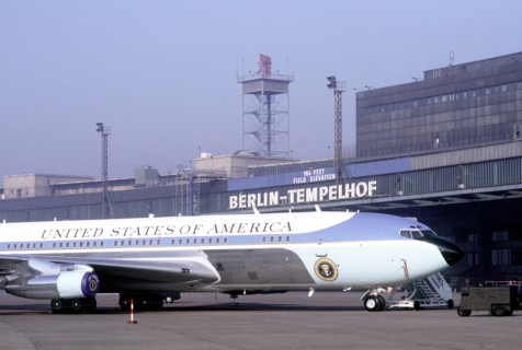Air Force One, the VC-137C Stratoliner aircraft used to transport the president, sits in a roped-off area near the terminal building at Tempelhof Central Airport during President Reagan's visit to Ber...