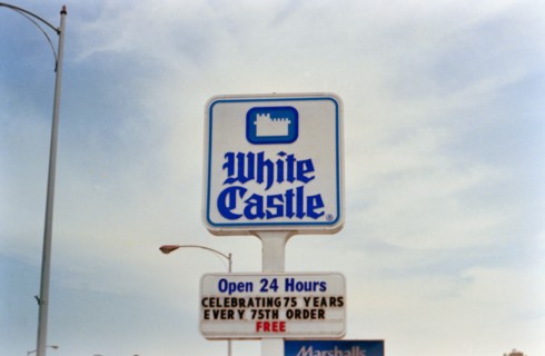 White Castle restaurant sign in Chicago south suburbs, sign celebrates their 75th anniversary circa 1996.