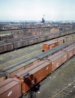 General view of part of the Proviso yard of the Chicago and Northwestern [i.e. North Western] railroad, Chicago, Ill. In the background is the coal chute and roundhouse April 1943.