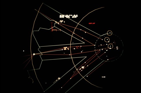 A graphics display on the Tempelhof Automated System (TAS) computer screen depicting a map of Berlin air space.  TAS is part of the Berlin Air Route Traffic Control Facility, operated by the 1946th In...