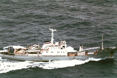 1995 - Aerial starboard side view of a Russian Pacific Fleet Moma class hydrographic survey vessel..