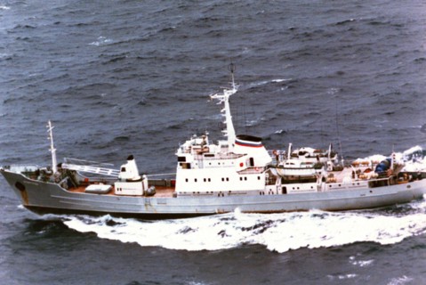 1995 -  Aerial port side view of a Russian Pacific Fleet Moma class hydrographic survey ship..