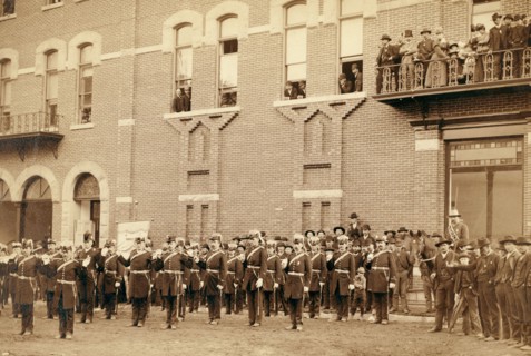 Deadwood. Grand Lodge I.O.O.F. of the Dakotas, resting in front of City Hall after the Grand Parade, May 21, 1890 .