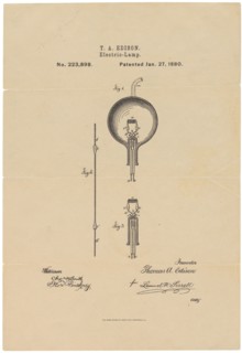 This is the printed patent drawing for the incandescent light bulb invented by Thomas A. Edison. 1880.
