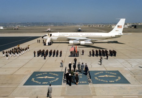 Farewell honors are given to Vice Premier Geng Biao of China and his delegation.  Vice President Walter Mondale's official aircraft is in the background..
