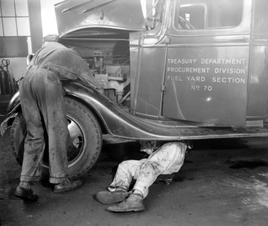 Mechanics Repairing government trucks at the Treasury procurement section circa 1937.