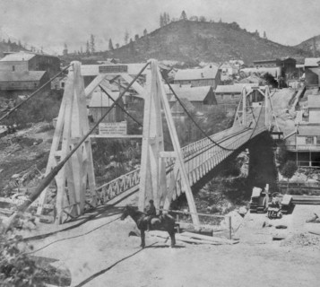 California History - Suspension Bridge over Deer Creek, Nevada City, Nevada County circa 1866.