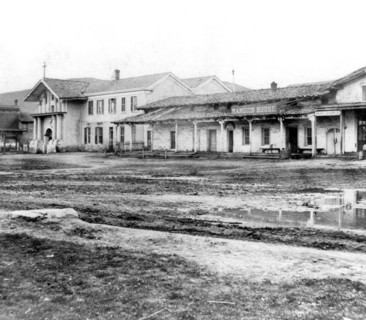 California History - The Old Mansion House and Mission Dolores, San Francisco circa 1866.