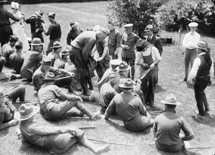 Beekeeping demonstration and instruction for wounded soldiers circa 1919 .