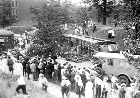 Streetcar accident - Overturned Street Car circa 1919 .