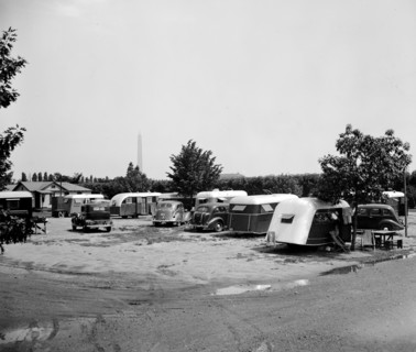 Washington D.C. area trailer camp, parked trailers and cars circa 1937.