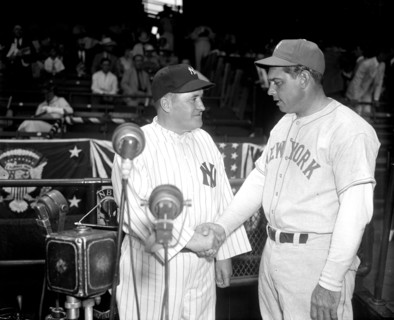 Rival All-Star managers. Washington D.C., July 7. Joe McCarthy, manager of American All-Stars, and Bill Terry, leaders of the Nationals, pose before their respective teams took the field today for the...