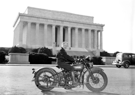 Mrs. Sally Halterman is the first woman to be granted a license to operate a motorcycle in the District of Columbia circa 1937.