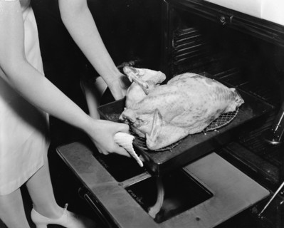 A woman demonstrates how to correctly cook a turkey circa 1937.