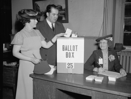 Washington D.C. residents cast a city-wide ballot on the question of whether suffrage shall be voted to the voteless community circa 1938.