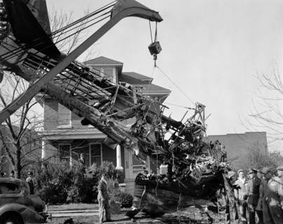 Plane crash in the street in Anacostia, a short distance from Bolling Field circa 1938.