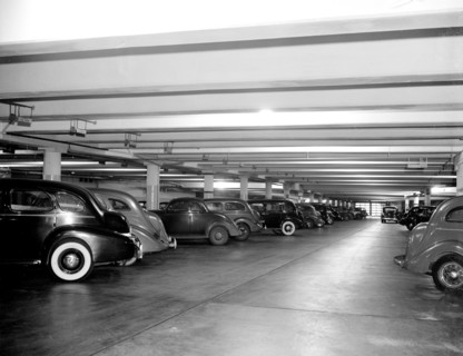 Cars parked in the U.S. Senate garage circa 1938.