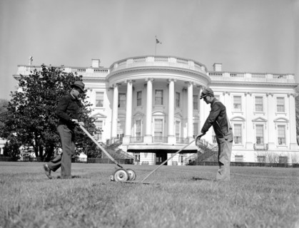 Workers Mowing & raking White House lawn circa 1939.