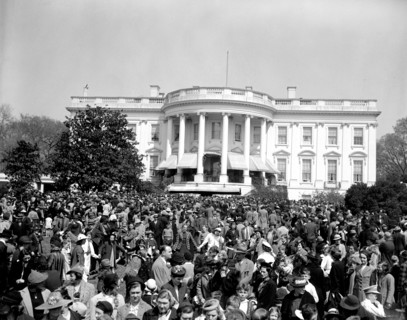 Thousands of Youngsters who today took part in the traditional Easter egg rolling on the historic White House lawn circa 1939 .