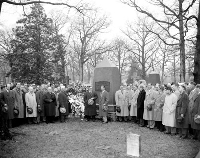 Baseball players, managers and President Roosevelt laying a wreath at the grave of baseball founder Abner Doubleday circa 1939.