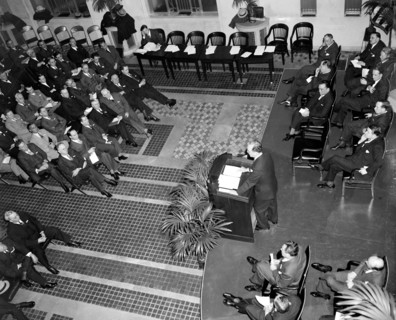 Attorney General Frank Murphy addressing the opening session of the Attorney Generals Conference of United States Attorneys at the Department of Justice circa 1939.