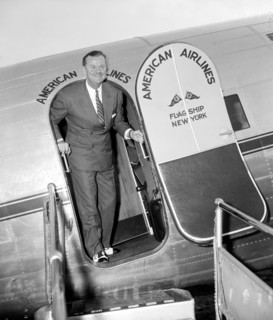 Singer Lawrence Tibbett, song-bird star of 'The Circle,' well known radio program, stepped out of the flag ship of the American Airlines for a visit to Washington D.C. circa 1939.