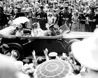 King and Queen of England (Great Britain) in an automobile visiting Washington D.C. circa 1938 or 1939 .