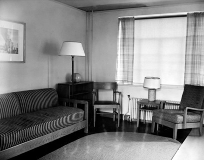 A typical living room in one of the first completed units of the Resettlement Administration's planned city at Greenbelt circa 1936.