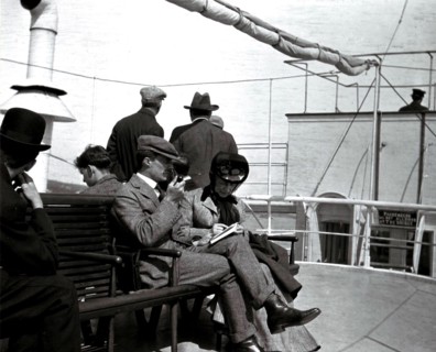 Passengers on the upper deck of the steamship Alberta, taken 1907.