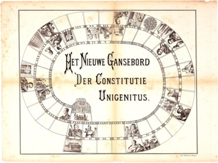 Bordspel 'Het nieuwe gansebord der constitutie Unigenitus' Een ganzenbordspel met verschillende bijbelse en kerkhistorische taferelen.  / Board game 'The new whole board of constitution Unigenitus' - ...