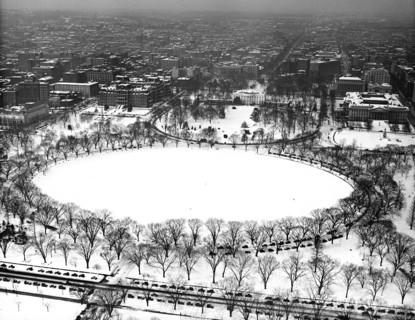 Aerial view of White House in snow, Washington, D.C. circa 1934.
