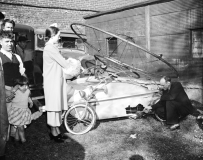 This is what is left of a tri-phibian, a device intended to fly in the air, run on the highway, or through the water. The inventor, Mr. Viachos of Washington, was in it when it blew up.  circa 10/25/1...