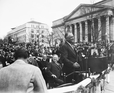 Franklin D. Roosevelt speaking at podium. Washington, D.C. circa April 1936 .