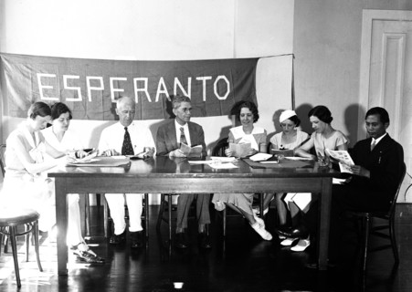A group of people reading or studying Esperanto language circa 1934.