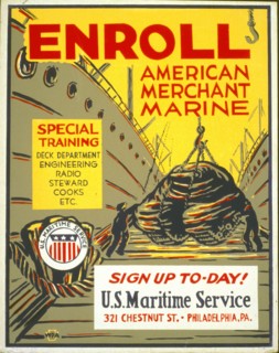 Enroll American Merchant Marine Special training - deck department, engineering, radio, steward, cooks, etc. : Sign up to-day! circa 1941-1943.