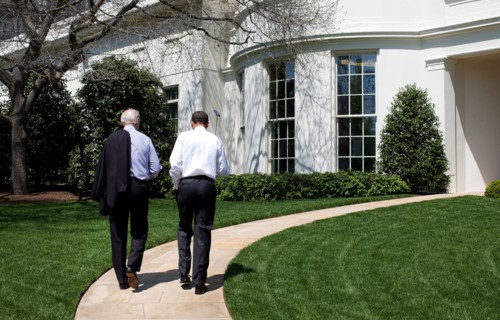 President Barack Obama and Vice President  Joe Biden walk back to the Oval Office after putting on the White House putting green April 24, 2009..