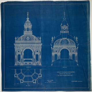 1893 Art Work -  World's Columbian Exposition Cluett Coon & Co. Exhibition Pavilion; Chicago; Illinois; Plan; Elevation; and Section Peter Joseph Weber (Architect).