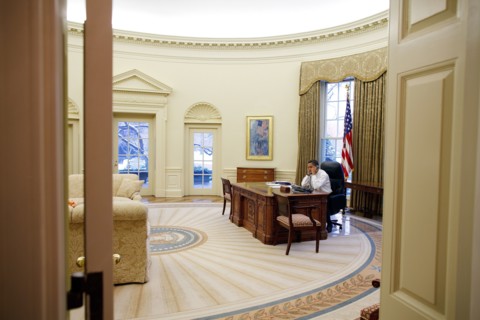 President Barack Obama in the Oval Office 1/28/09. .