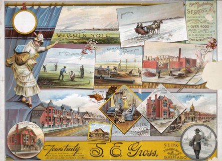 Print of advertisement for S.E. Gross showing steps in the real estate development process, from locating a piece of land to offering the finished home for sale circa 1848.
