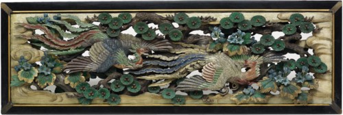 1893 Art Work -  Two carved wooden transoms (ramma) panels from the Hooden Takamura Koun.