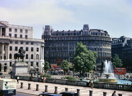 Traffic in Trafalgar Square in London circa July 1973.